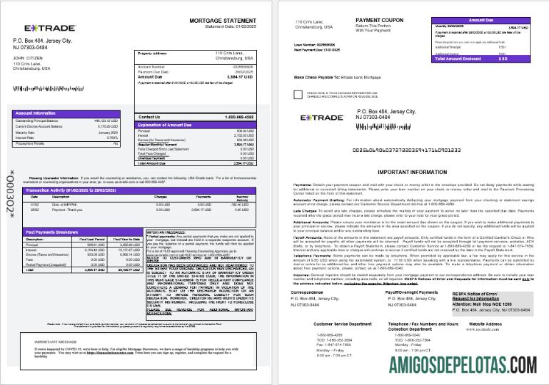 Extrato de hipoteca do USA Etrade Bank em formatos Word e PDF 1 2 exemplo real